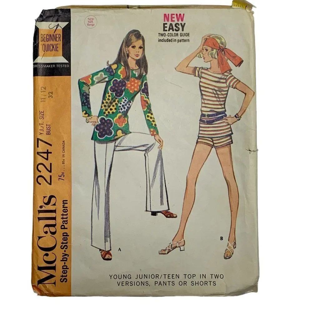 Vintage 60s McCalls 2247 Pattern Junior Teen 5-14 2 Mod Tops Pants Shorts Cut
